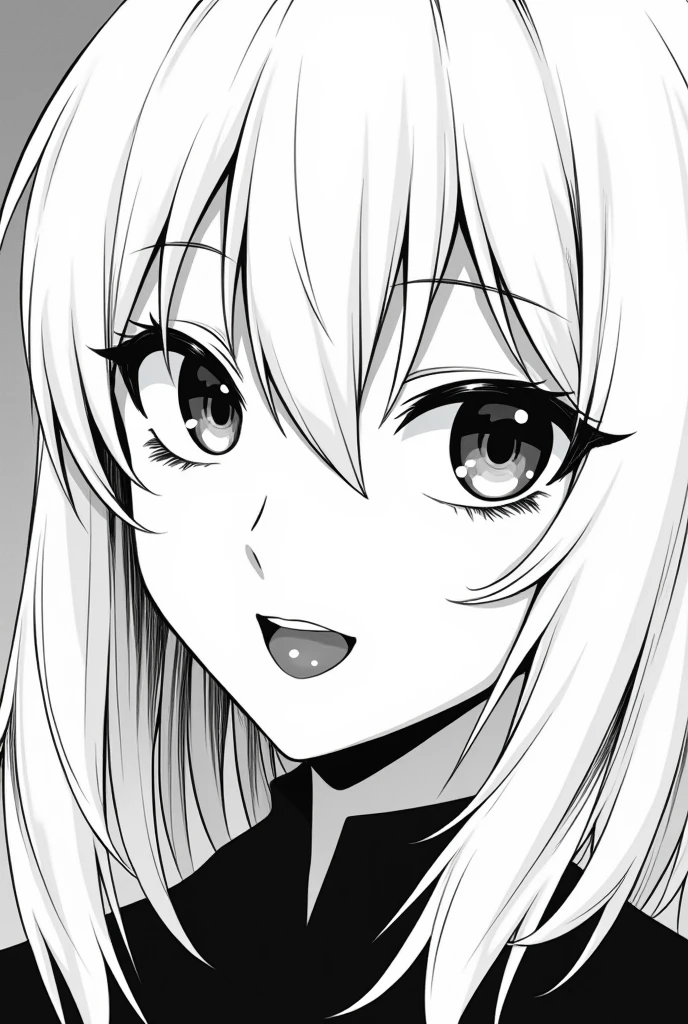Black and white manga image of a girl with shoulder-length white hair with two strands over her face wearing Japanese shiny lips smiling
