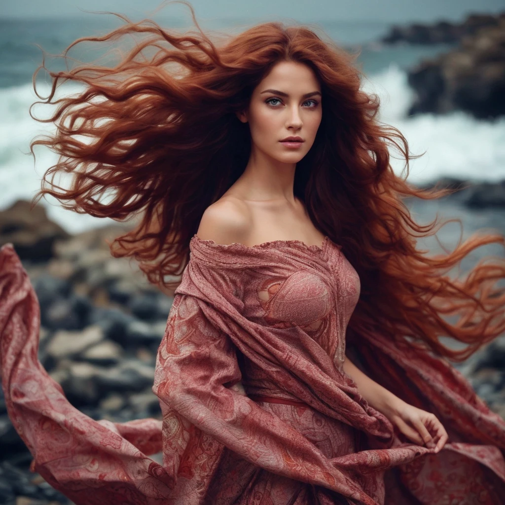 scene is a Long shot of a barefoot a sensual gypsy woman , bare-breasted. A shirt made of wrapped fabrics:1.1),(masterpiece,best quality,pretty Gypsy women ,beautiful face,8k,raw photo,photorealistic,absurdres:1.2),long wavy hair,long shot,dutch angle, facelight,film grain,chromatic aberration,highres,ultra detailed,finely detail,light blue frilled lace dress,detailed skin and eyes and face,sharp pupils,realistic pupils,sharp focus, /Imagine prompt: Create cinematic images of a female gypsy dancer in various poses in front of a rocky beach - show images of a woman's body in a stormy sea environment and her long hair blowing in the wind. A sensual a beautiful appearance / very real natural female face like a human, dancing "Gypsy" - / scene is a full long shot 35mm photographic lens - women stood on the rugged rocks by the stormy shore. camera focus is sharp on her face, her big honey blue eyes / a beautiful face with lovely lips with lust on her big honey blue eyes /
She look into the camera lens ,radiates deep charm and lust.
A woman's height is 185 cm - she is barefoot and a sensual, bare-breasted girl. The beauty and attractiveness of a woman's naked body and big and open eyes increase focus and clarity in a woman's face./- a real beautiful woman with beautiful female ??????? -/with natural face a beautiful human woman with big honey blue eyes - a charming dancing woman with big honey yellow eyes
- The woman's eyes are fully open, increasing the focus and clarity of the woman's face. 
A dancing woman standing on a rocky mountain bed and dancing by a stormy beach. The camera lens focuses on his face, eyes wide open. 
 a gypsy woman’s wavy hair, red wavy hair, her eyes are attractive with long eyelashes, her posture is very feminine - obvious feminine lust, obvious feminine lust is one of the characteristics of her femininity. //Through the lens of the 35mm camera, we see a full shot of her standing gracefully on the jagged rocks by the stormy shore, dancing happil