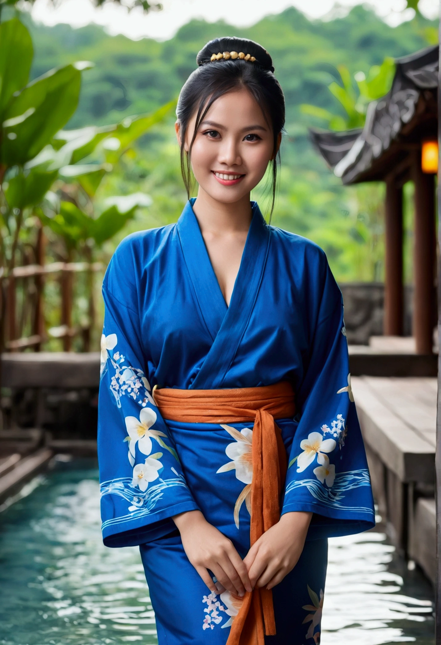 Beautiful female model,usia 27 tahun,Chinese tribe,tipe tubuh tebal,fair skin,big breasts,pantat besar paha tebal,facing a seductive smile,black hair color,bun hair type,blue eye color,yukata clothing,full body photo distance,sudut pandang seluruh tubuh,tipe layar potrait,seductive pose action,hot spring place,cinematic bokeh scene lights,gaya realisme
