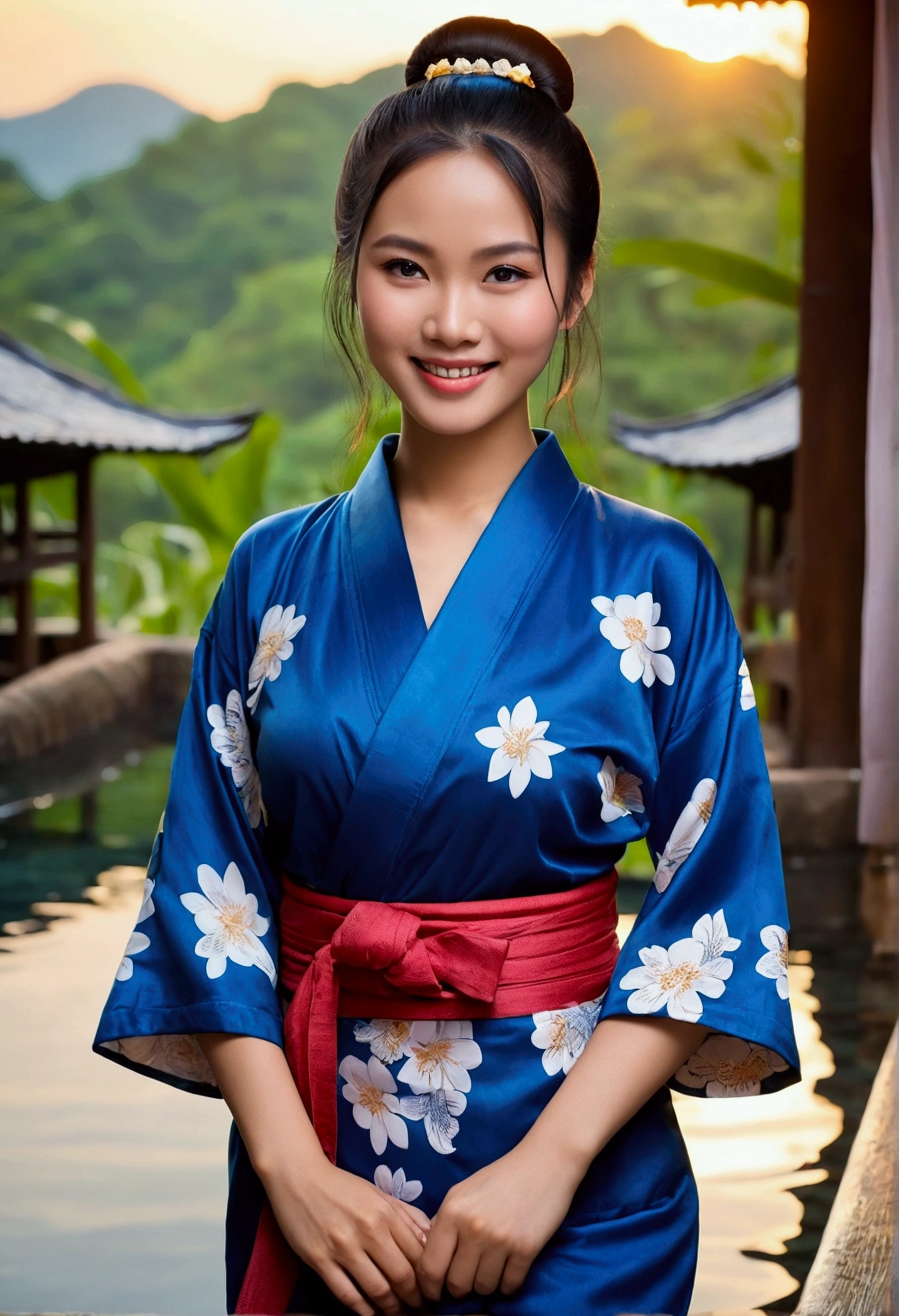 Beautiful female model,usia 27 tahun,Chinese tribe,tipe tubuh tebal,fair skin,big breasts,pantat besar paha tebal,facing a seductive smile,black hair color,bun hair type,blue eye color,yukata clothing,full body photo distance,sudut pandang seluruh tubuh,tipe layar potrait,seductive pose action,hot spring place,cinematic bokeh scene lights,gaya realisme
