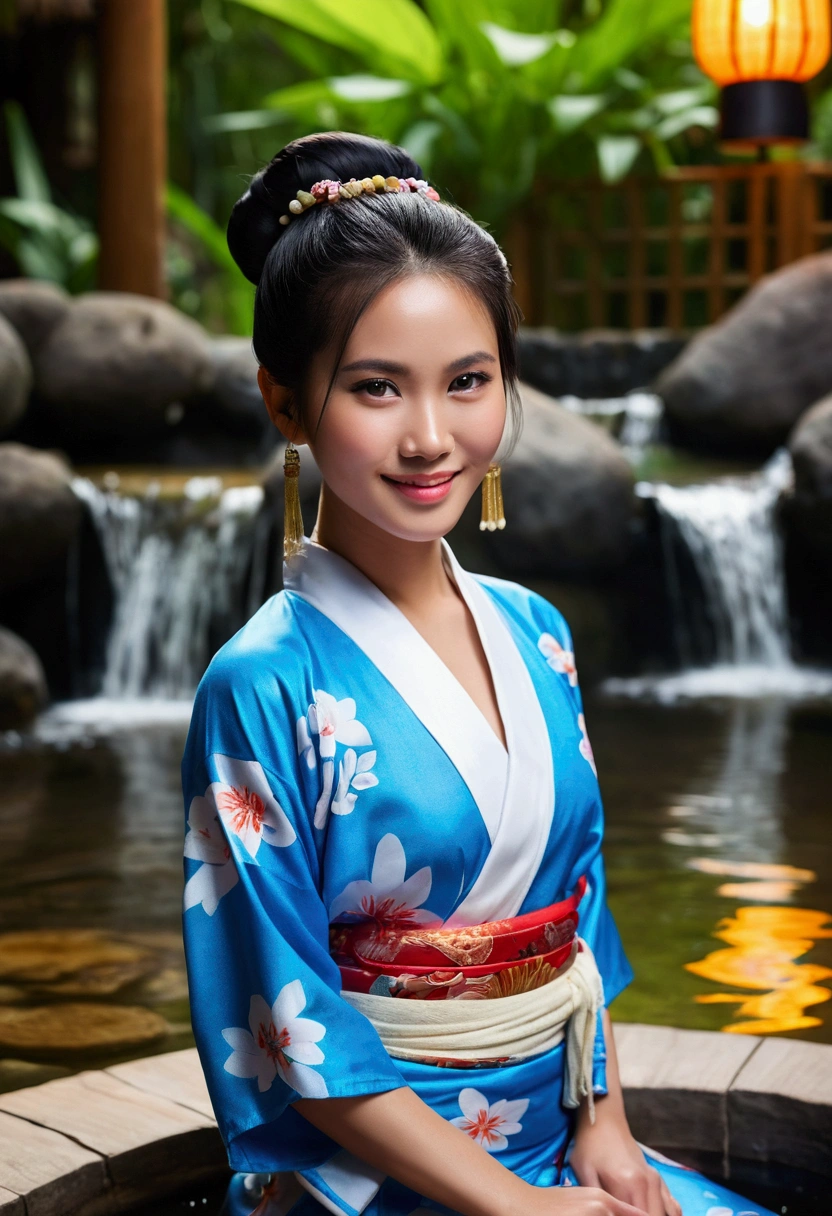 Beautiful female model,usia 27 tahun,Chinese tribe,tipe tubuh tebal,fair skin,big breasts,pantat besar paha tebal,facing a seductive smile,black hair color,bun hair type,blue eye color,yukata clothing,full body photo distance,sudut pandang seluruh tubuh,tipe layar potrait,seductive pose action,hot spring place,cinematic bokeh scene lights,gaya realisme