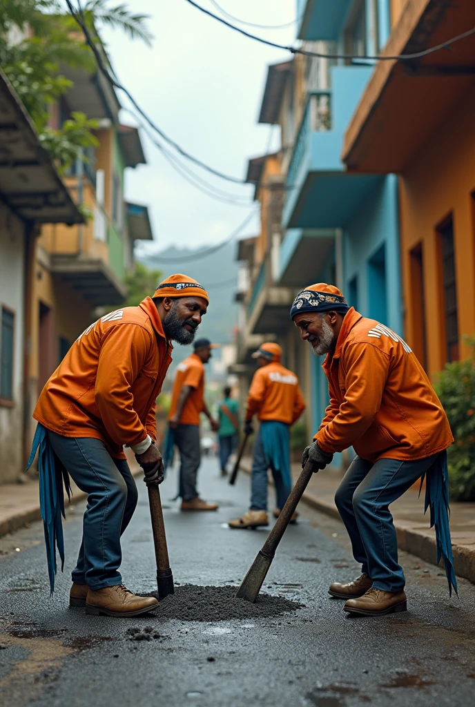Image of a street in a Brazilian favela in Rio de Janeiro with men working with asphalt, with several parrots dressed as pirates wearing orange suits with the name Waguinho