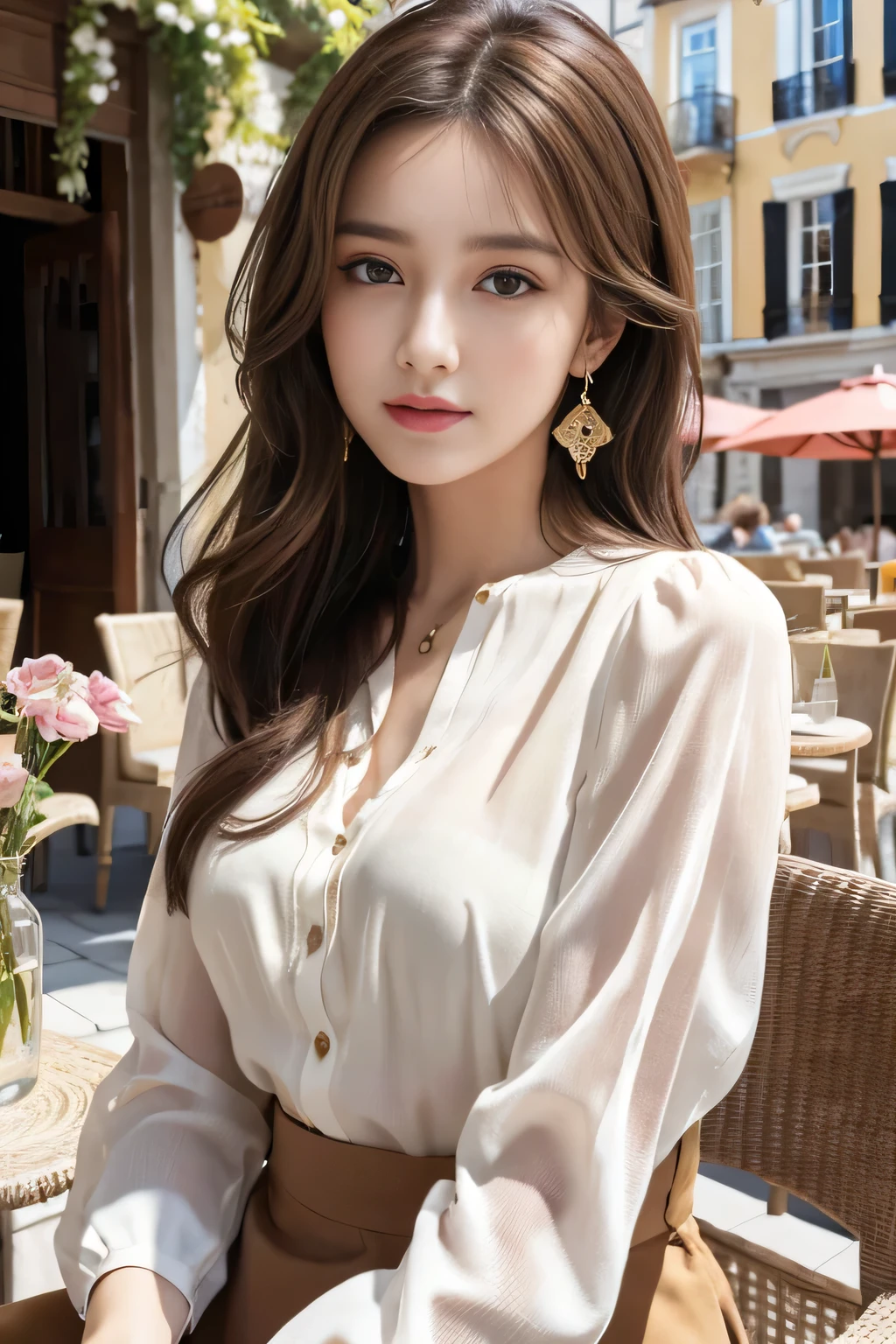 masterpiece, Highest quality, Realistic, Very detailed, Finer details, High resolution, 8k wallpaper, One beautiful woman,Wear a nice blouse, On the terrace of a lovely cafe, at noon, Light brown messy hair, Perfect dynamic composition, Beautiful and beautiful eyes、Big earrings、