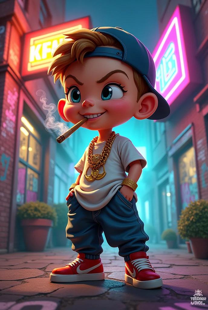 Cute 90s white rapper caricature smoking a blunt 