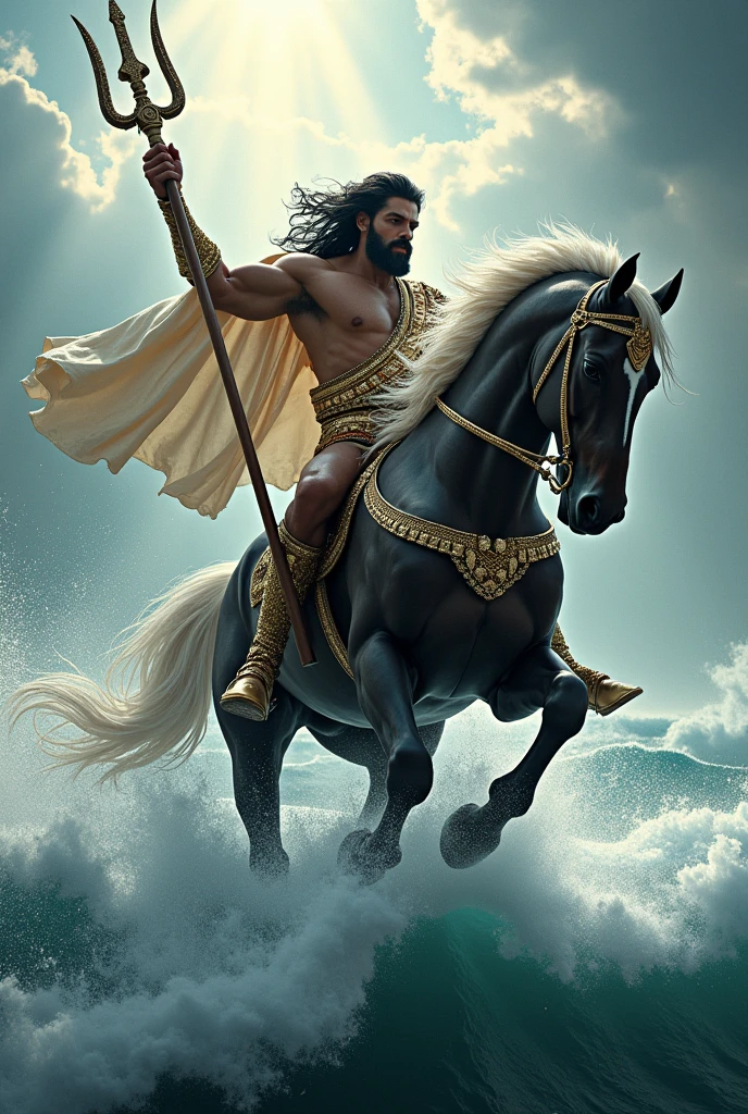 make a picture of poseidon on a horse holding a trident and wearing a michael jacson outfit