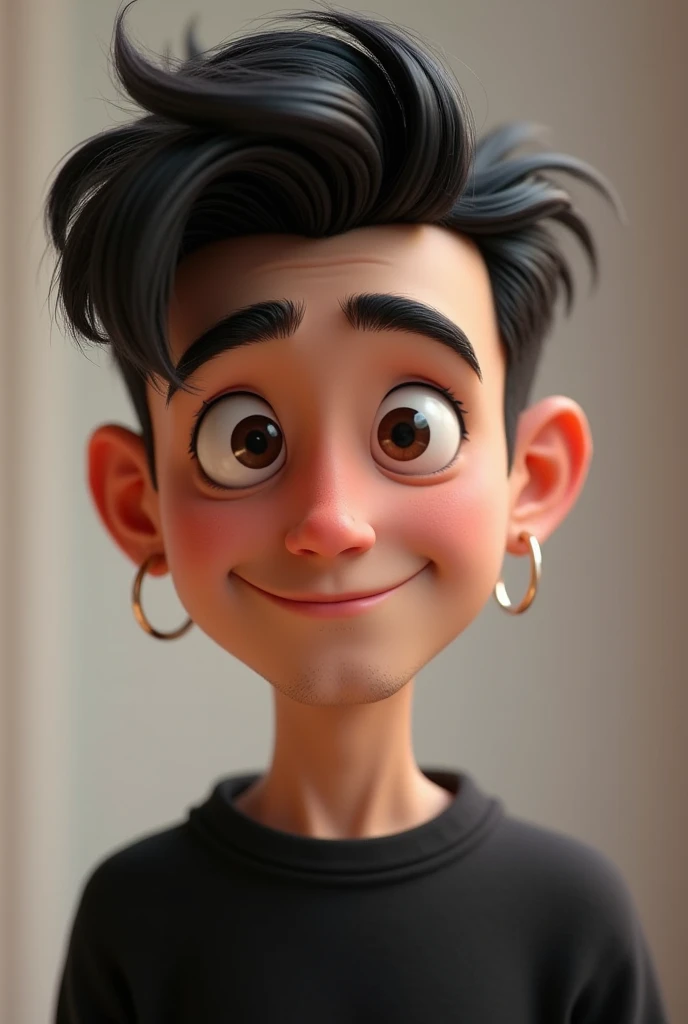 Disney Pixar Character, naughty man, age 20 years, small hoop earring in the ears, short hair with quiff, rounder face, Does not have a beard, dark haired, dark shaped eyes, wearing a black sweatshirt.