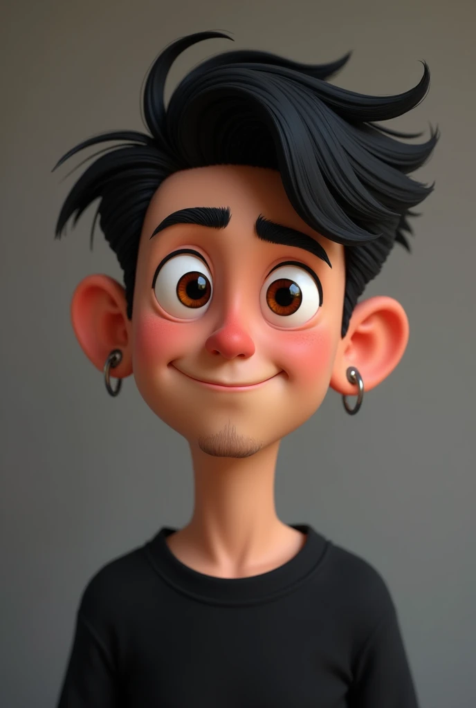 Disney Pixar Character, naughty man, age 20 years, small hoop earring in the ears, short hair with quiff, rounder face, Does not have a beard, dark haired, dark shaped eyes, wearing a black sweatshirt.