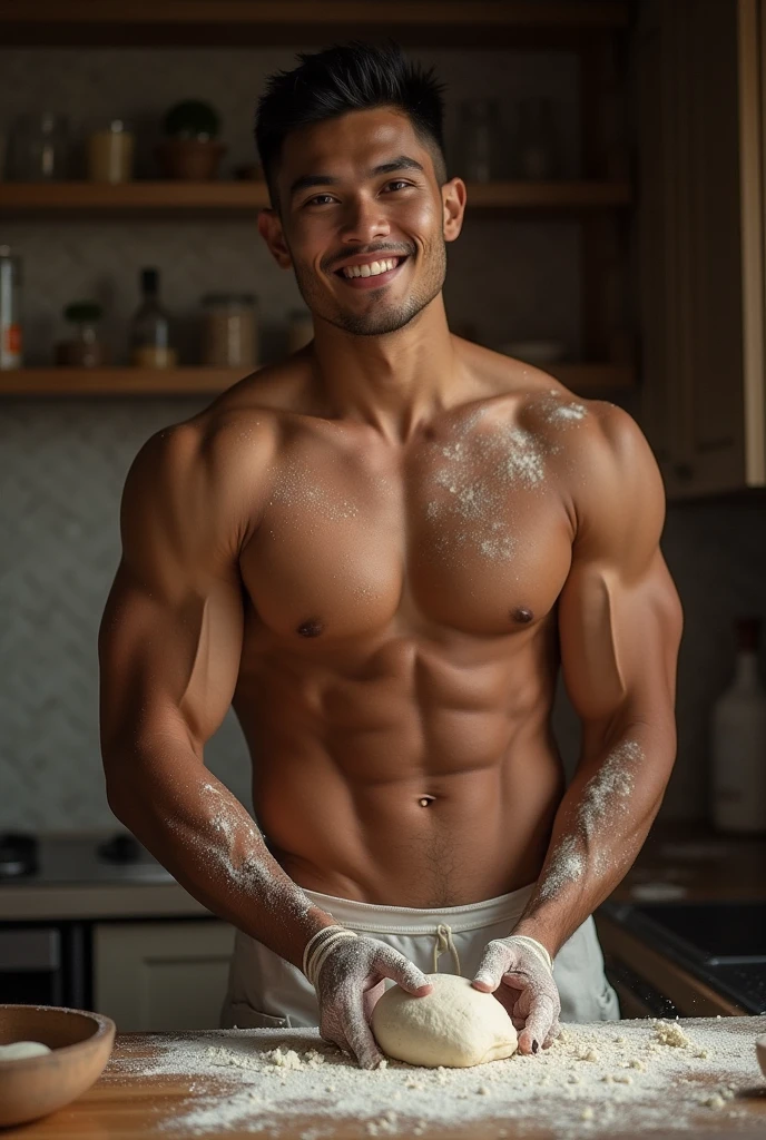 photorealistic, best quality, masterpiece, extremely detailed, very sexy, very homoerotic, side view, extremely handsome, 30 year old muscular filipino man, (muscular bodybuilder), (smiling), wearing only apron, gstring jockstrap, kneading dough, in kitchen, flour on body and face, looking at camera, extremely romantic atmosphere, perfect face, perfect fingers, perfect hands, perfection