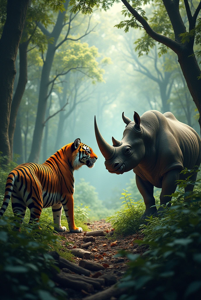 Tiger and one horned rhino in a forest
