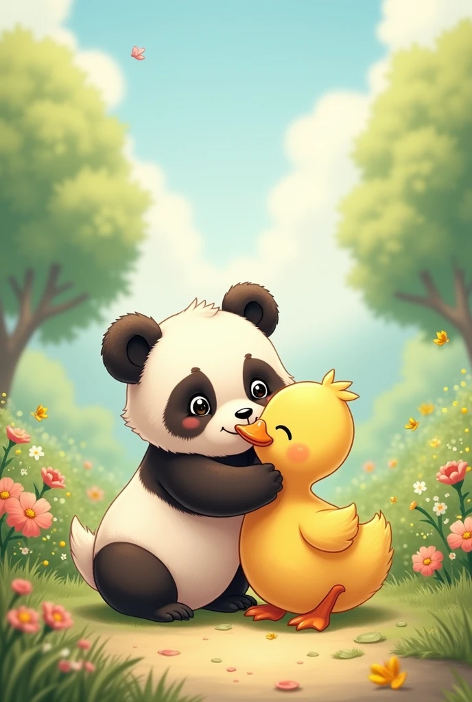 A cute female panda and a male duck, that they love each other, anime, Oh cute