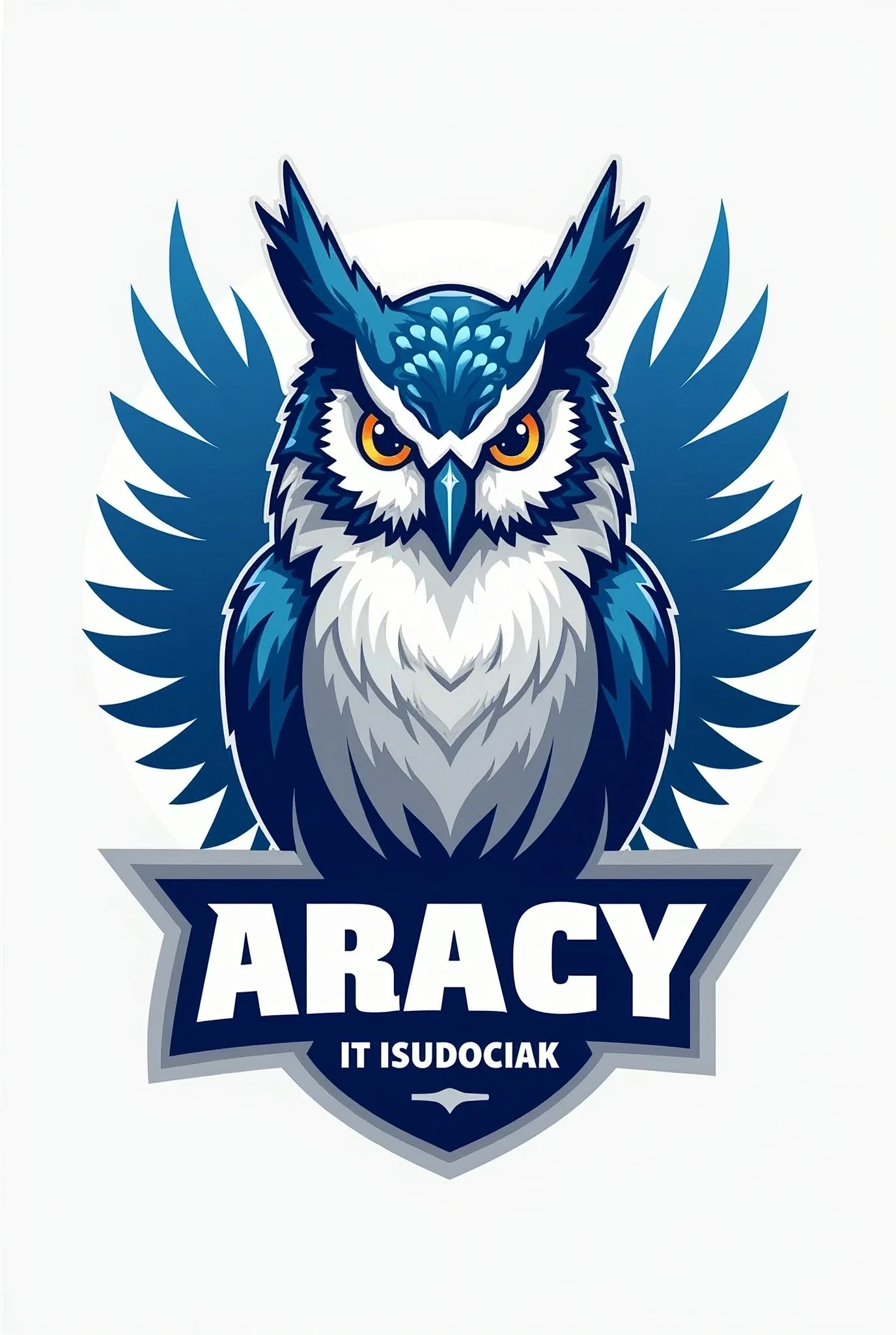 Crie uma logo para o meu time de vôlei com o nome It is.It is.ARACY It isUDOCIAK com uma coruja de fundo e q tenha somente as cores branco e azul