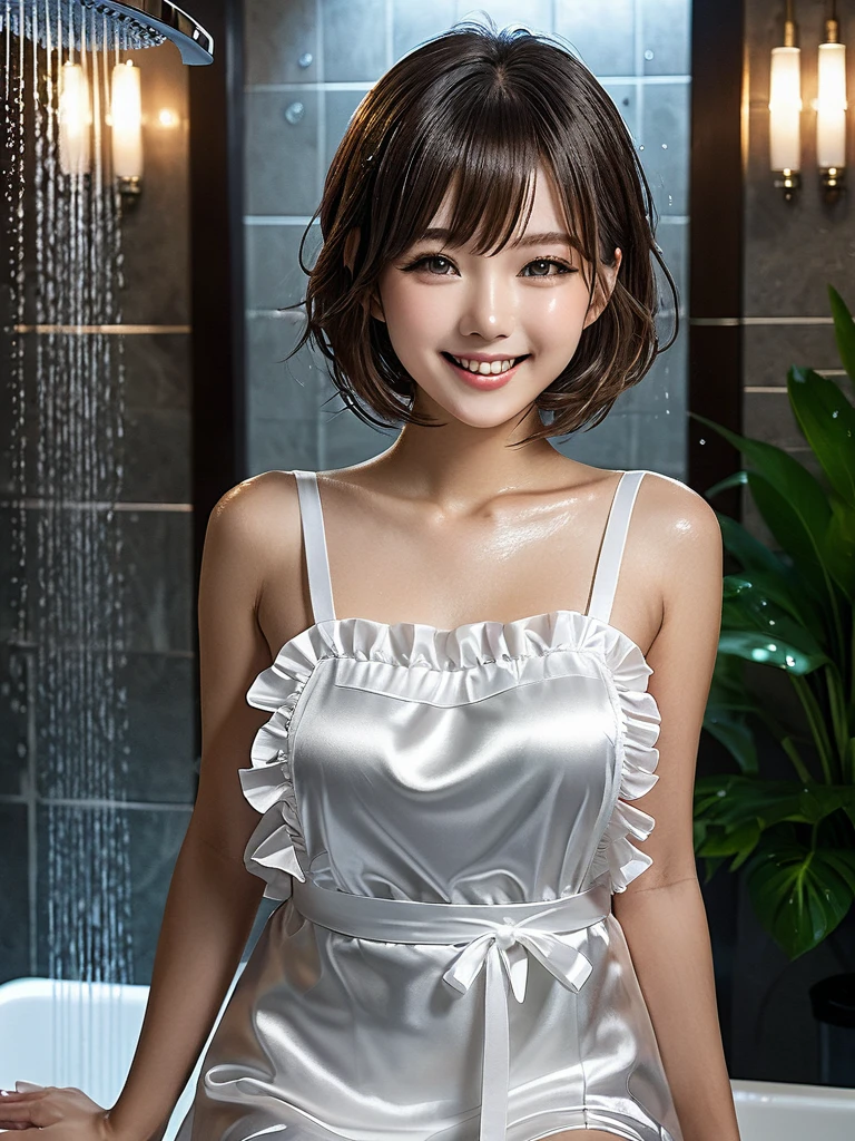product quality, 1girl, full body shot, front view, a Japanese young pretty girl, shoulder length bob hair, wearing only a silky satin white apron with white frills over her naked body with a big smile, taking a shower in a luxury shower room, glamorous figure, wet hair, wet body, busty, hyper cute face, glossy lips, double eyelids in both eyes, natural makeup, long eyelashes, shiny smooth light brown hair, asymmetrical bangs, fair skin, central image, high resolution, high detail, detailed hairstyle, detailed face, cinematic lighting, octane rendering, vibrant, hyper realistic, perfect limbs, perfect anatomy