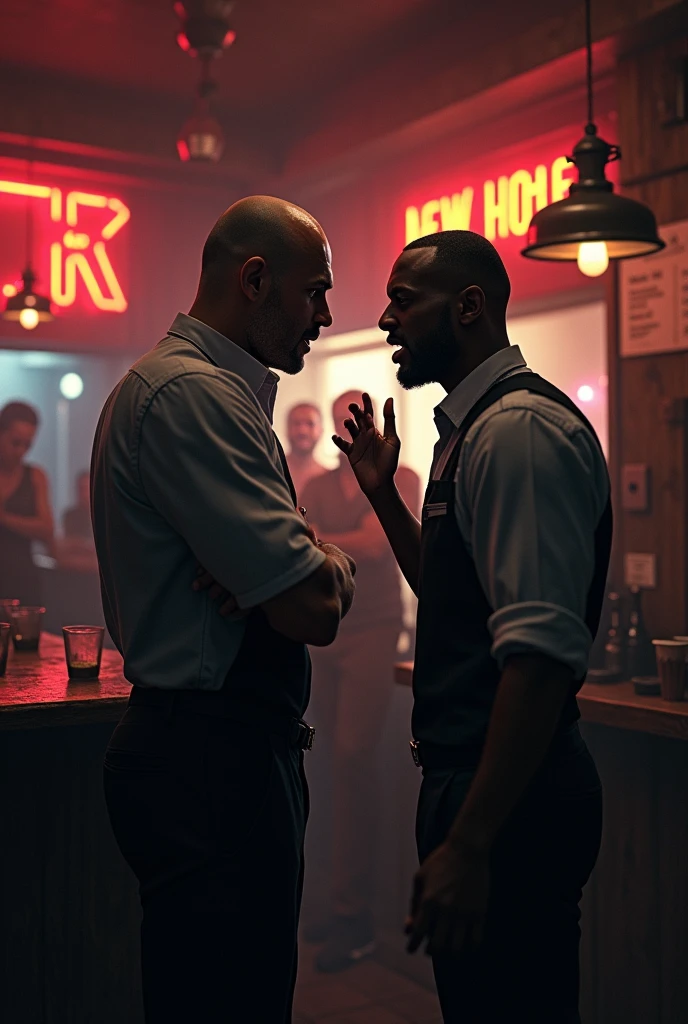 A bald, dark-skinned bartender, arguing with a short, dark-skinned waiter