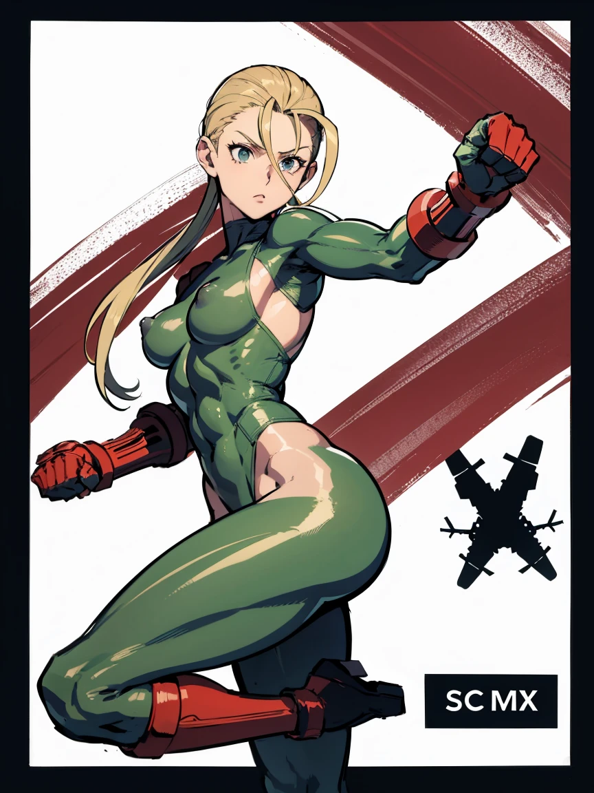 A woman in military uniform stands in front of an airplane, Cammy, Fighting game characters, Fighting Posedor, Erect nipples,In fighter pose, Combat Ready, Fighting Pose, Battle ready pose, Ready to Battle, Better Quality, 8k, Video Game Characters, Anatomically correct, Punching the air