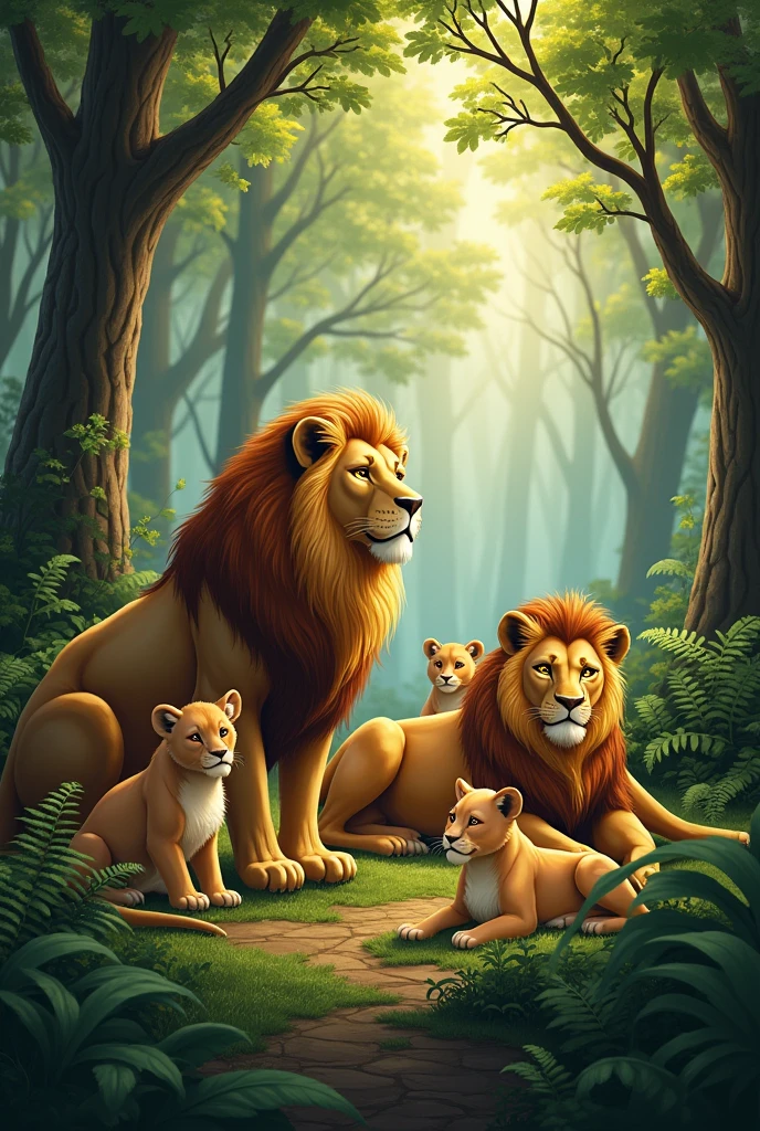 A pride of lions sitting in a forest