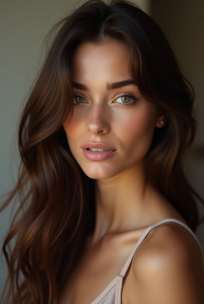 create woman 28 years old brunette with long hairclose up on face