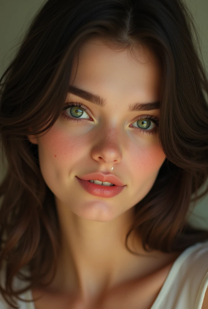  dark brown hair, green eyes, naturally beautiful with a dimple on her left cheek 