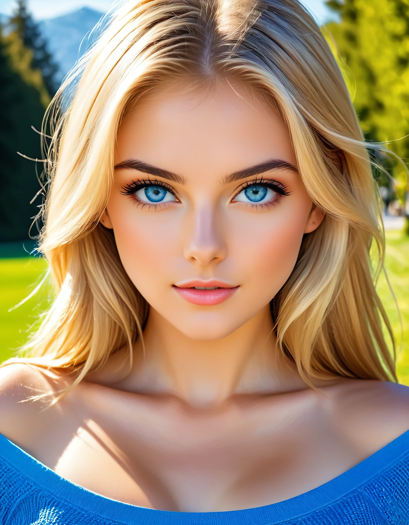 Subject/Themes Full body shot of a beautiful 18 year old woman. Sunny Swiss background, Camera shot type: extreme closeup Camera Lens: EE 85mm For detailed facial features Additional details: model features blonde hair, colourful, fashonable clothes, blue eyes, turning to face: head-on towards camera: seductive atmosphere. Detail and resolution keywords: high detail, sharp image, midday, EE 85mm, blue eyes, natural light