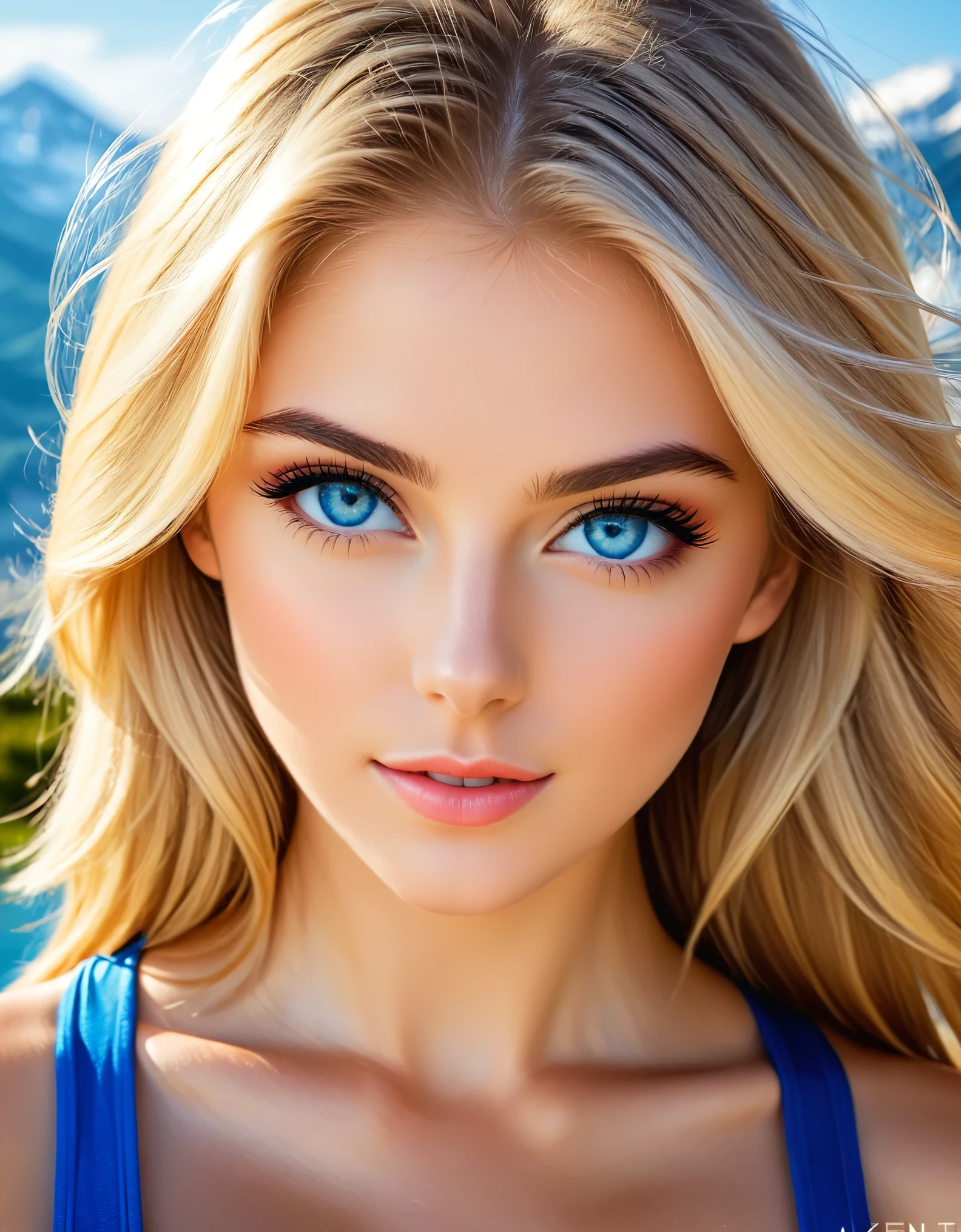 Subject/Themes Full body shot of a beautiful 18 year old woman. Sunny Swiss background, Camera shot type: extreme closeup Camera Lens: EE 85mm For detailed facial features Additional details: model features blonde hair, colourful, fashonable clothes, blue eyes, turning to face: head-on towards camera: seductive atmosphere. Detail and resolution keywords: high detail, sharp image, midday, EE 85mm, blue eyes, natural light