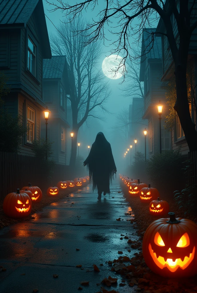 a creepy and eery Halloween setting, with Jack o lanterns on the street and shadow figures lurking about, dynamic lighting, photorealistic fantasy concept art, stunning visuals, creative, cinematic, ultra detailed, trending on art station, spooky vibe, 4k, RAW photo,