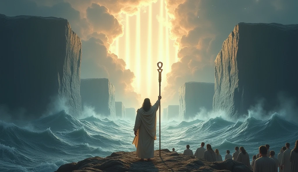 Moses raising his staff, as the waters of the Red Sea divide around him, forming walls of water. The sky is cloudy, with rays of light illuminating the scene. The Hebrew people appear in the background, In ecstasy and fear.