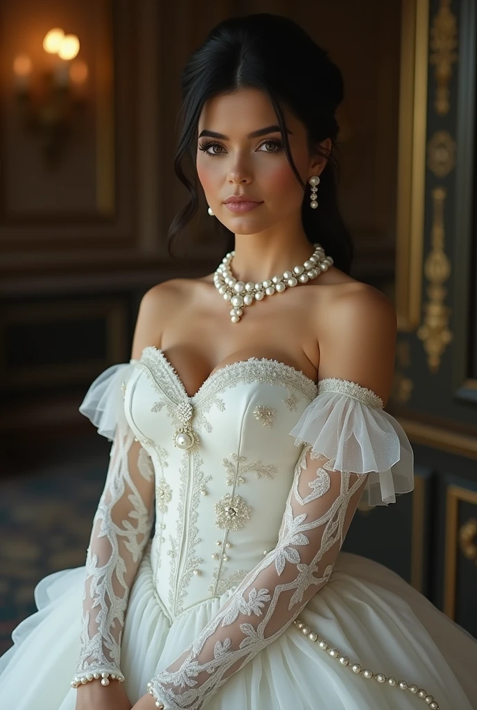 Kylie Jenner wearing a white Victorian ball gown with pearls covering her shoulders