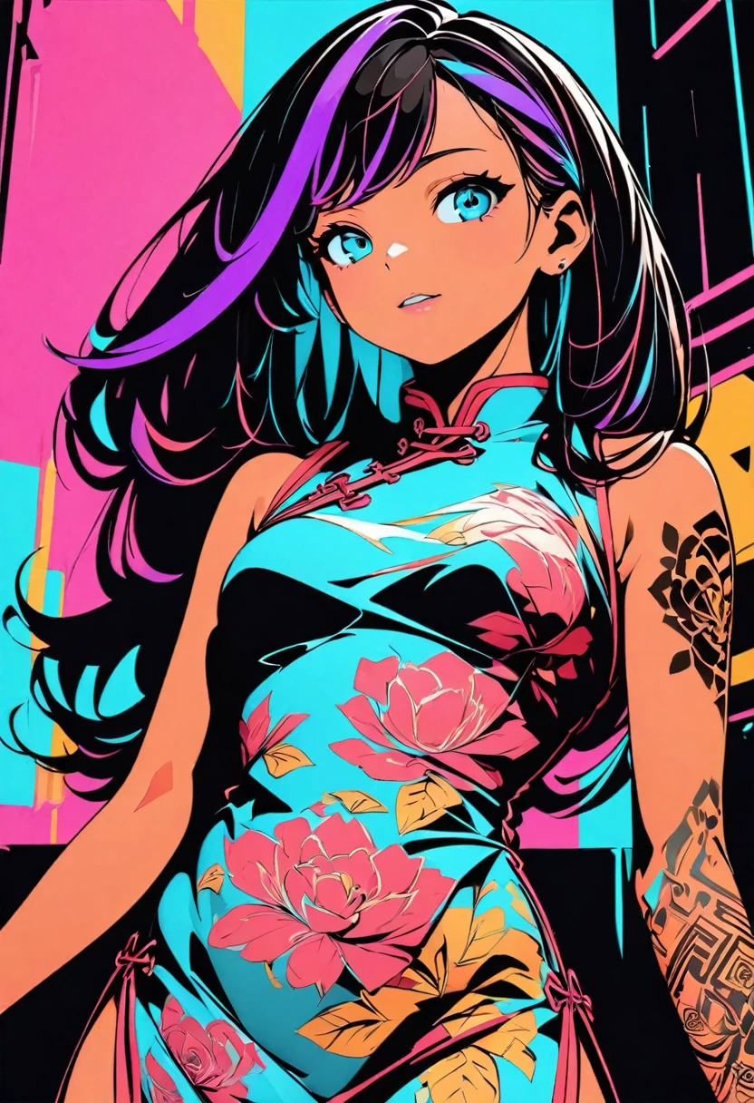 (high quality, 8k, 4K, High Contrast, masterpiece:1.2, 最high quality, Best aesthetics), (Dynamic Angle), girl、slim, Bright colors、Beautiful fine details、Beautiful lip detail、long hair、black and purple ((streaked hair:1.6)), highlights hair: 1.5, brown eyes, slim body, (small breast:0.7), (Floral Fineline tattoo design on left arm:1), (tan skin:0.3), Cheongsam, (cyber punk:0.5, Flat Color:1, Colorful art:1, Looking at the audience, Colored Background, High Contrast, Contrasting colors), Cowboy Shot,