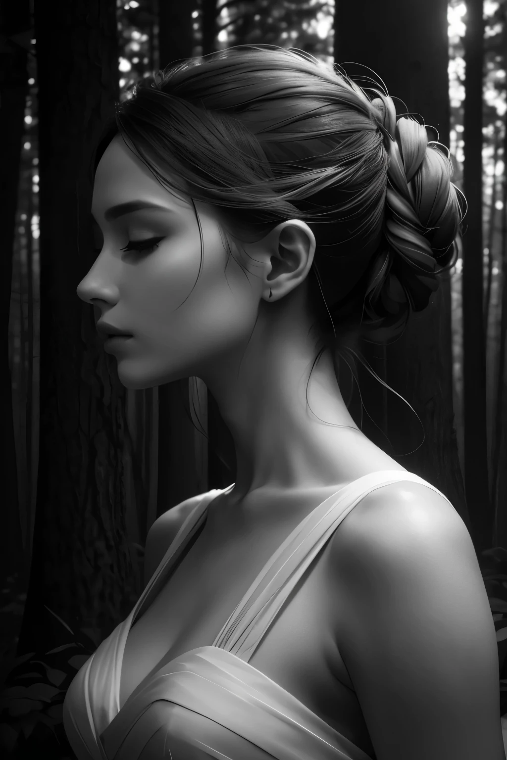 **Surreal double exposure image featuring a greyscale portrait of a beautiful woman with fair skin and delicate facial features, including a slender nose and closed eyes. Her hair is styled in an elegant updo. The woman's silhouette blends seamlessly with a forest scene, where tall, slender pine trees with scattered branches rise from her shoulders and chest, creating an ethereal, dreamlike effect. The background is a soft light grey, which enhances the contrast between the woman's profile and the dark, shadowy trees. The overall composition is artistic and visually striking, merging human and nature elements in a harmonious and imaginative way**