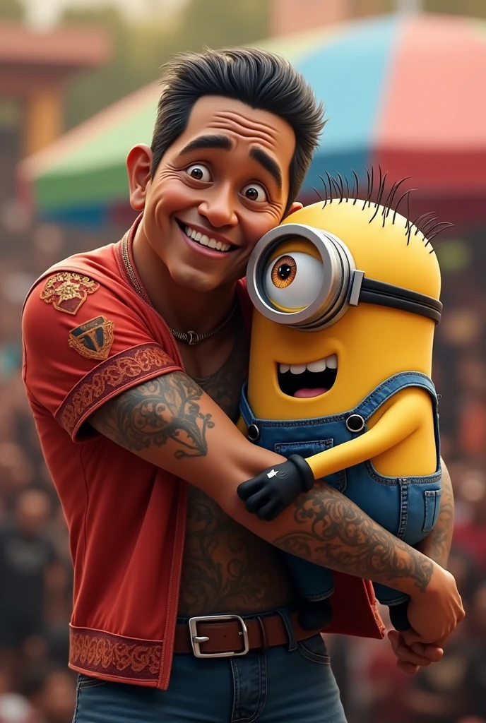 (photorealism:1.2) Regional singer Sergio Vega hugging a minion