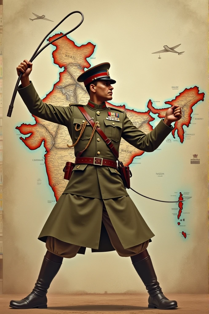 A British soldier whipping on India map