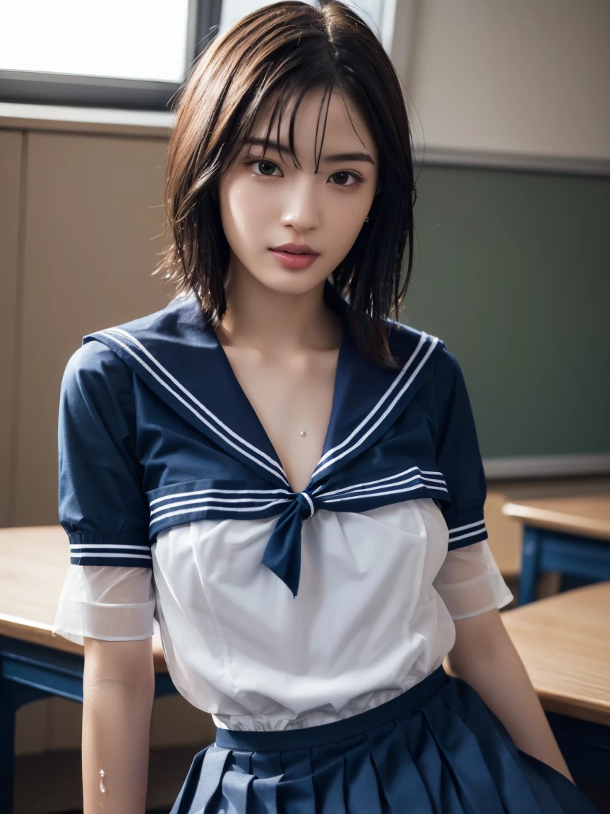 (masterpiece:1.2), Very detailed, Ultra-high resolution, (Realistic, photo Realistic:1.6), High-resolution RAW color photos, Professional photos, Sharp focus:1.2, (Very detailed顔と肌の質感, Very beautiful eyes, Glossのある肌, Glowing Skin, Glowing Skin, Shining Face, Gloss, Oily skin, greasy face, Oily skin, greasy face,),, (real Glossのある肌 texture), Perfect Anatomy, Very detailed背景,(High school classroom at night),25-year-old woman, Japanese women,Height: 168cm,(short hair, Straight hair, bangs, Brown Hair),((Flat Chest:1.6)),(Slender legs), ((((White short-sleeved sailor suit、Navy blue pleated skirt:1.5))),(Leaning forward、Touching the desk、look back)、(((Wet and sheer sailor suit:1.4))),((Sexy bra in sailor suit:1.4)),(Proudly)