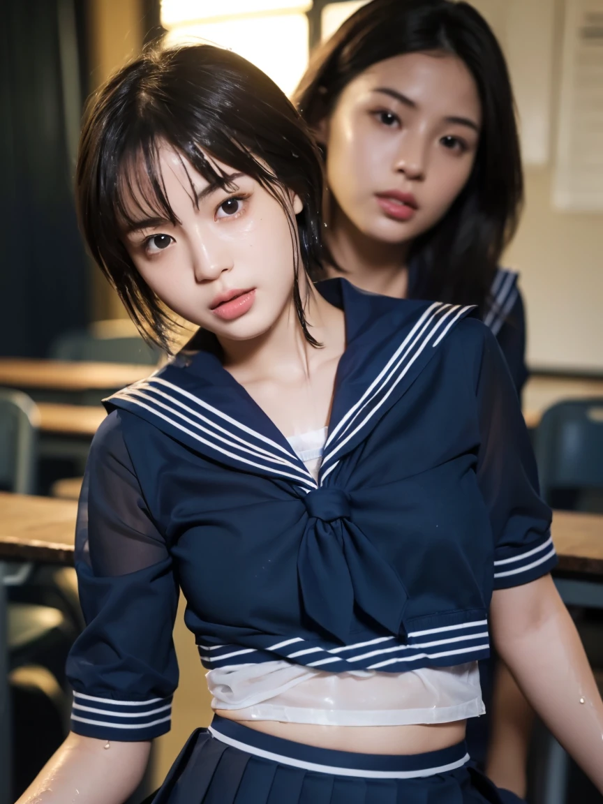 (masterpiece:1.2), Very detailed, Ultra-high resolution, (Realistic, photo Realistic:1.6), High-resolution RAW color photos, Professional photos, Sharp focus:1.2, (Very detailed顔と肌の質感, Very beautiful eyes, Glossのある肌, Glowing Skin, Glowing Skin, Shining Face, Gloss, Oily skin, greasy face, Oily skin, greasy face,),, (real Glossのある肌 texture), Perfect Anatomy, Very detailed背景,(High school classroom at night),25-year-old woman, Japanese women,Height: 168cm,(short hair, Straight hair, bangs, Brown Hair),((Flat Chest:1.6)),(Slender legs), ((((White short-sleeved sailor suit、Navy blue pleated skirt:1.5))),(Leaning forward、Touching the desk、look back)、(((Wet and sheer sailor suit:1.4))),((Sexy bra in sailor suit:1.4)),(Proudly)