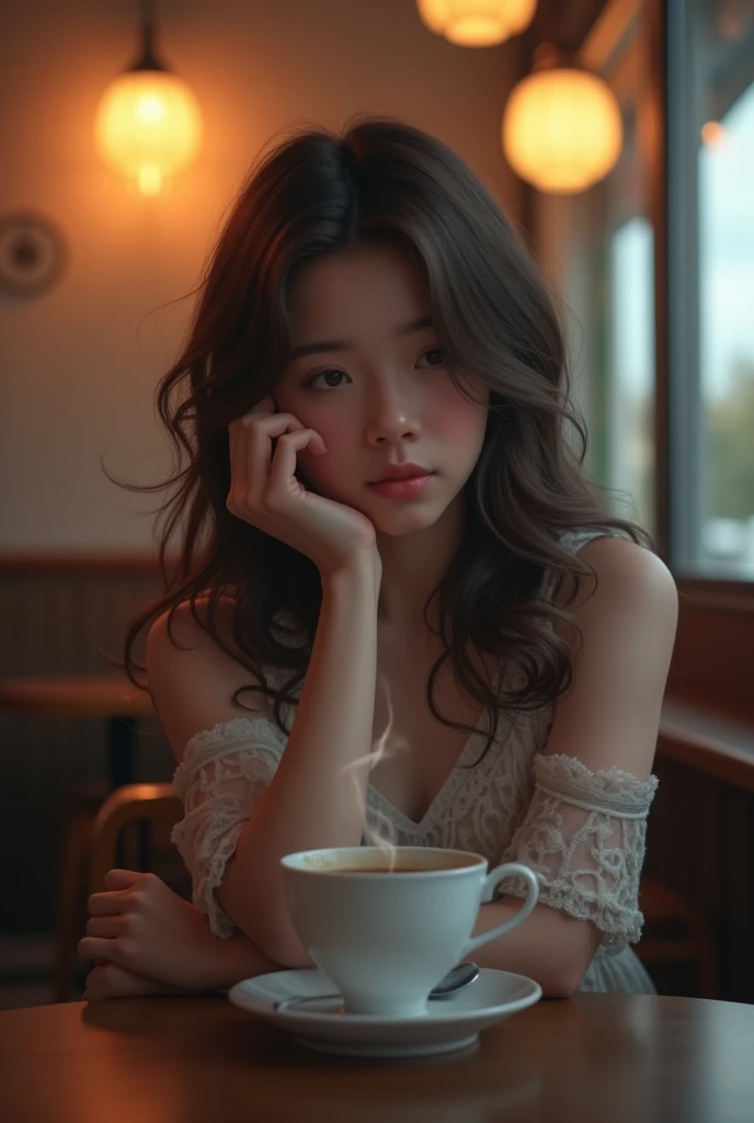 Create an image, of a girl sitting in a cafe, thinking about her boyfriend who wants her to come back