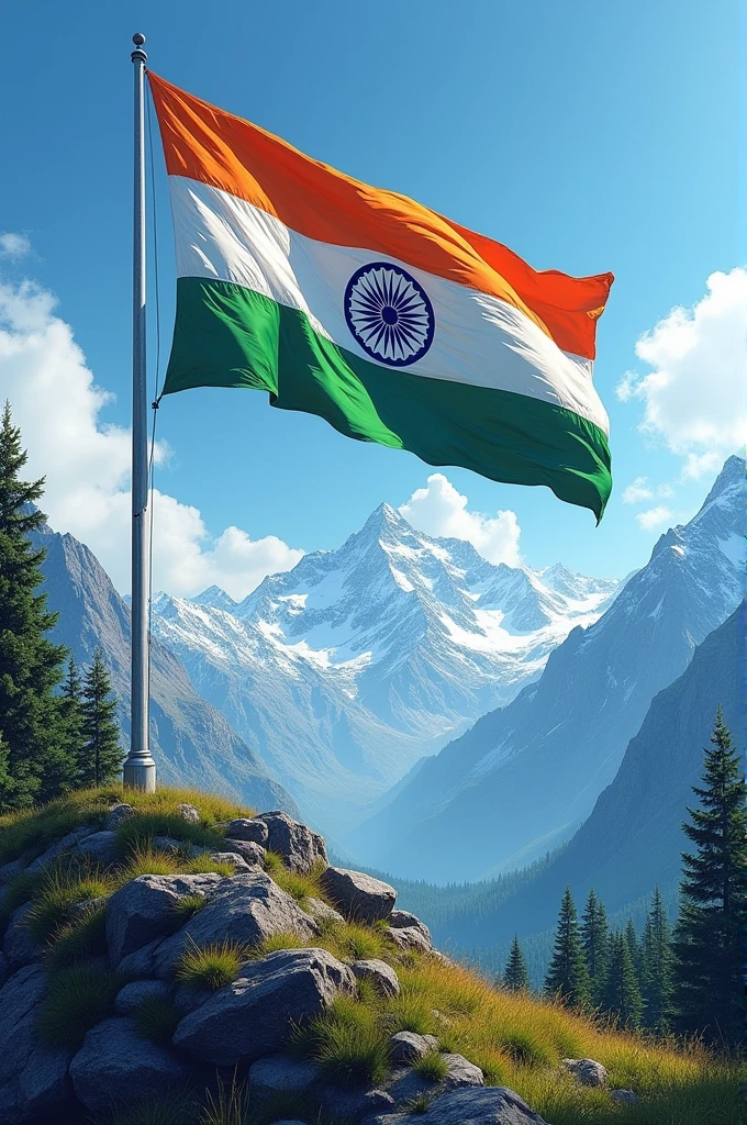 Indian flag waving in full wind on high mountain in nature environment.