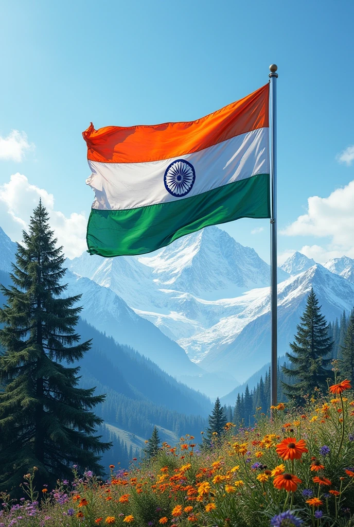 The Indian flag, with its vivid saffron stripe at the top, crisp white in the middle adorned with a dark blue Ashoka Chakra, and rich green at the bottom, flutters proudly as it is hoisted high. Behind it, the grandeur of the Himalayas looms, their snow-capped peaks contrasting with the clear sky. Surrounding the scene, vibrant wildflowers and towering pine trees create a lush, colorful foreground, adding a touch of natural beauty to the majestic and serene landscape.