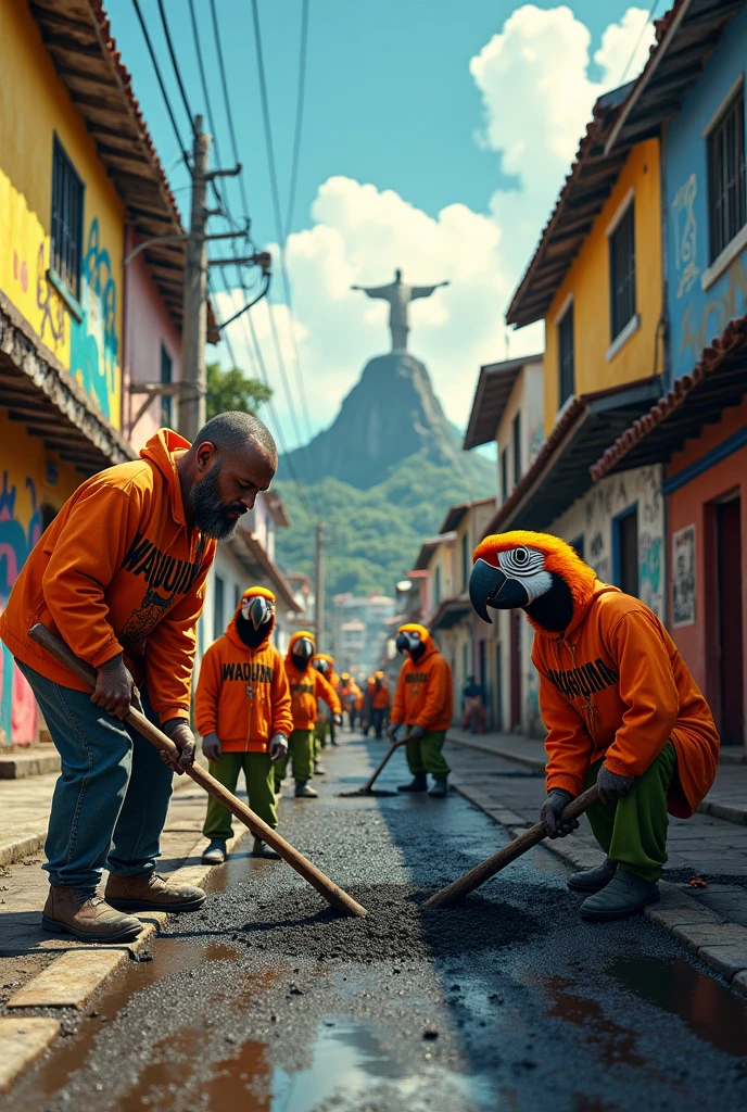 Image of a street in a Brazilian favela in Rio de Janeiro with men working with asphalt, with several parrots dressed as pirates wearing orange suits with the name Waguinho
