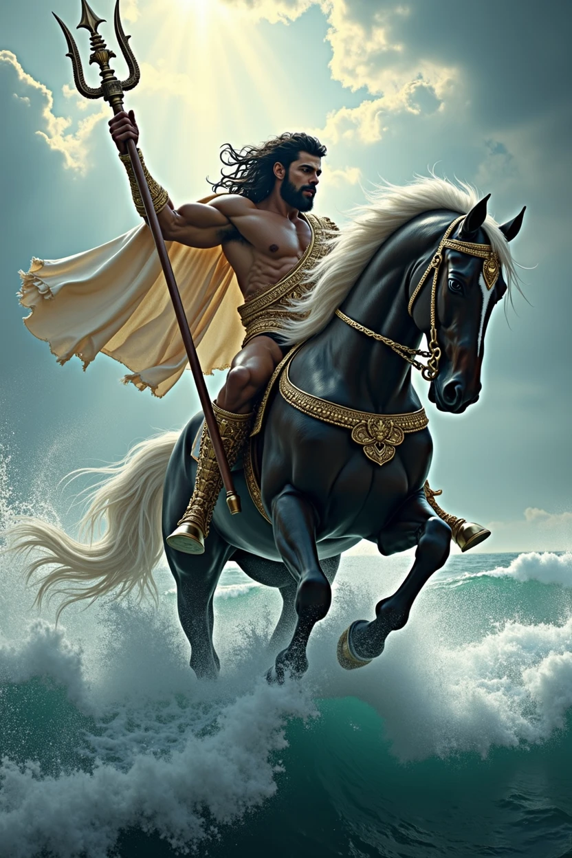 make a picture of poseidon on a horse holding a trident and wearing a michael jacson outfit