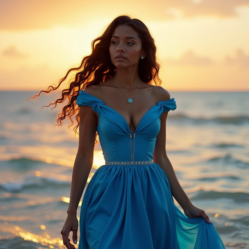 A beautiful biracial latina woman, blue long wavy hair, eyes closes, large breasts, wearing a blue princess dress with a low neckline and short sleeves, walking in the middle of the sea, with a golden sunset behind her, contre-jour lighting, Take the head out of the water back and leave a trail of a drop of water coming out of his hair, De Côté,