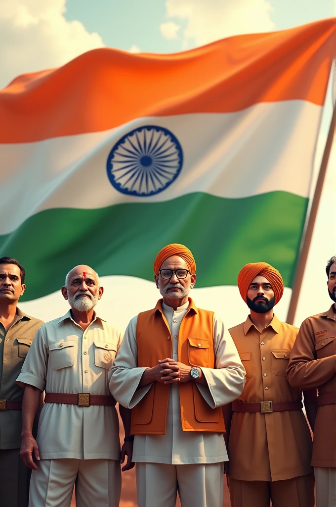 Infront of indian flag all freedom fighter like Mahatma Gandhi jabaharlal neheru subhaschandra Bose, Rani Laxmi Bai , bhagat singh are saluting the flag