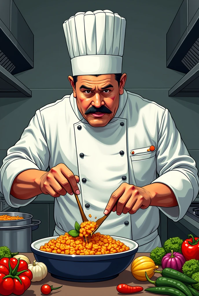 A renowned chef, with a white cap and an imposing moustache, is in your kitchen, surrounded by fresh ingredients and steaming pots. His face reflects intense concentration.. Simple and wide drawing for a comic strip 