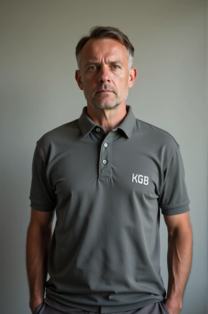 plain gray polo shirt with KGB written on the small chest