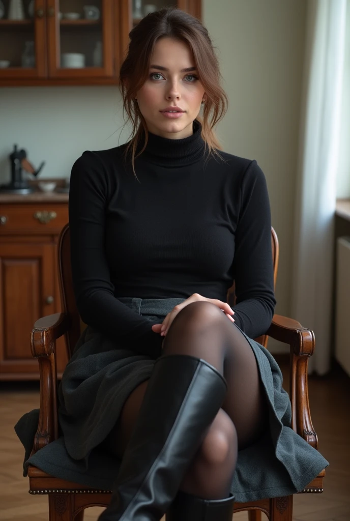brown hair color、short hair、hair pulled back、ponytail、cute face、 she wears a turtleneck and a skirt.、she has blue eyes、black pantyhose、sitting on a chair、crossed legs、wearing black knee high boots、adult german woman、full body portrait、indoor.、