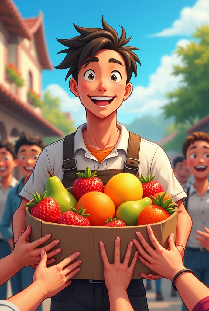 Guy giving away fruit in anime style