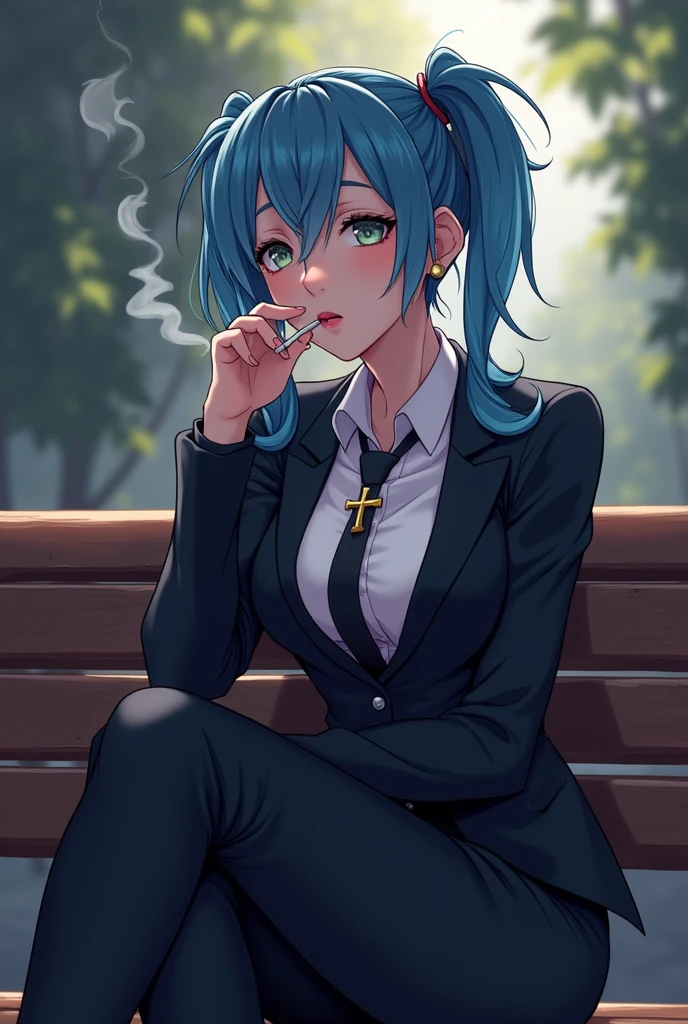 Anime League of legends jinx smoking cigarette looking on left side while sitting in the bench in cross legs wearing formal attire and wearing cross necklace 