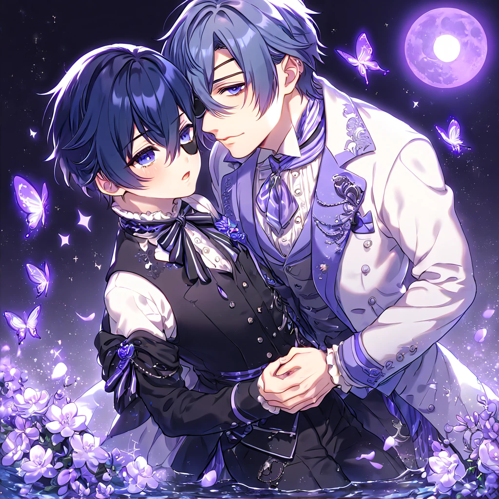 absurdres, highres, ultra detailed, HDR, master piece, best quality, extremely detailed, Ciel Phantomhive, dark blue hair, expressive blue eyes, black eye patch over the left eye, Kuroshitsuji, Ciel Phantomhive, dark blue hair, expressive blue eyes, two men together, yaoi, gay couple, handsome, manly man, black clothes, white clothes, fantasy, magical, shining, purple flowers, blossoms, water, purple petals, purple butterflies, sparkling, purple moon, starry sky