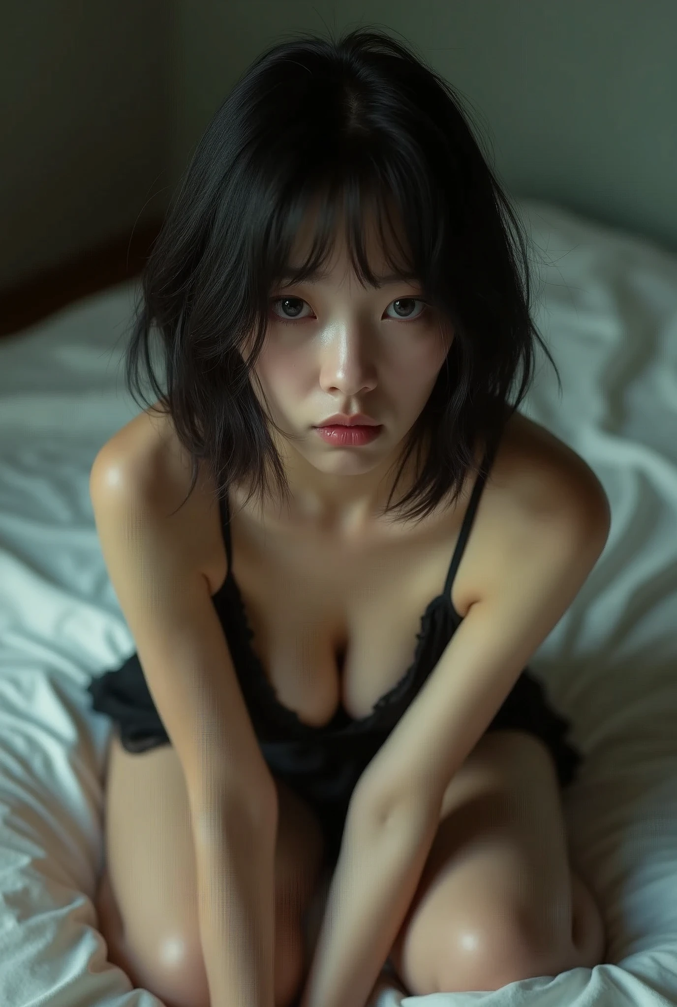 ((my face is very sad)), ((Straddling)), "black Lingerie dress" ((Bob Hairstyle)), (japanesse female), age 18 years old, 8K, photottorialism, show big thigh.