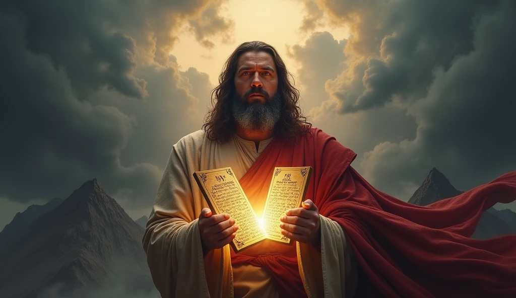 Moses holding the tablets of the Ten Commandments, with a look of determination. The background shows a mountain, and there is a divine light emanating from the tablets. The scene is dramatic, with dark clouds and an atmosphere of authority.