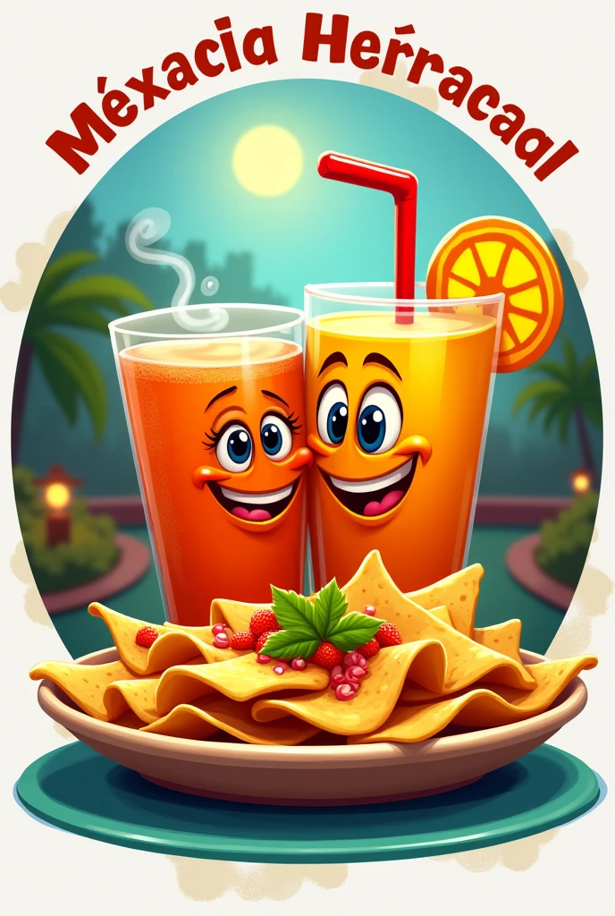 Animated logo of nachos, Mexican food, smiling and hugging an animated orange drink that also smiles, with the title in Spanish.    "Everything that Vershis"  