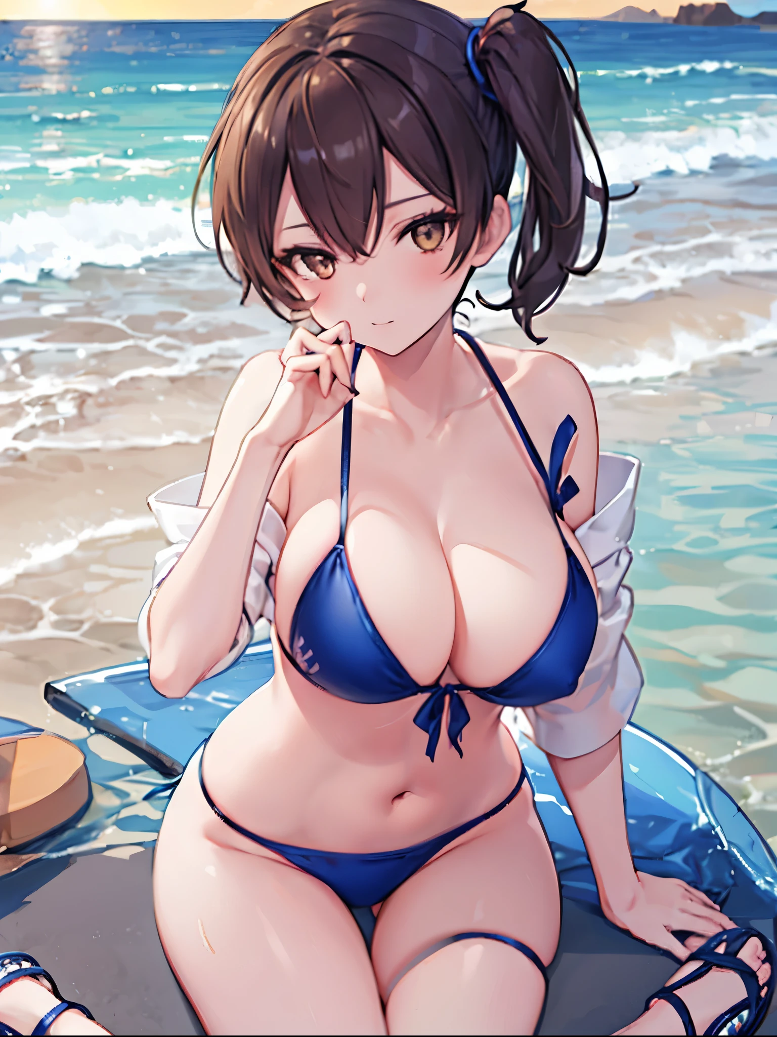 Beautiful illustration、top-quality、Kaga_kantaicollection
brown_hair, Side_Ponytail, brown_Eyes, Short_hair, (big_breasts:1.5) long_hair、Blue Bikini、 coast_landscape,(abs:0.5),navel,solo,(light_smile:0.6),(solo:1.5)。sandals,