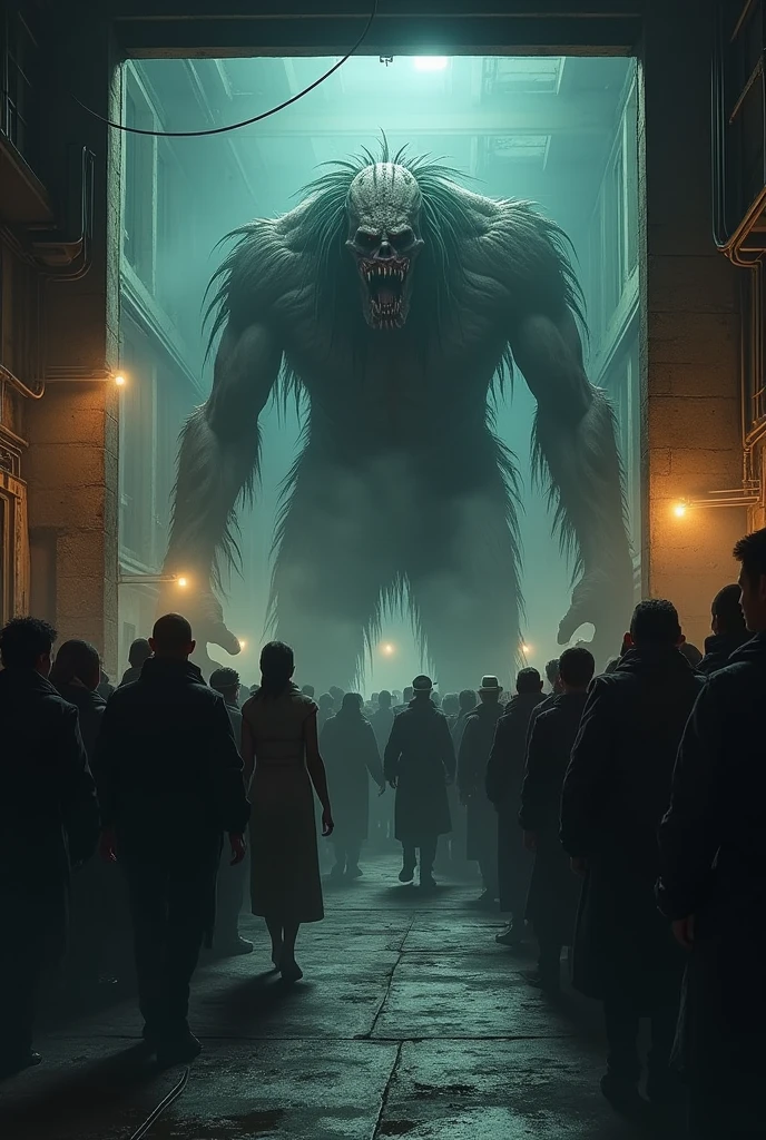 a monster in a crowd of people waiting to get into a club at a warehouse door, nightmare